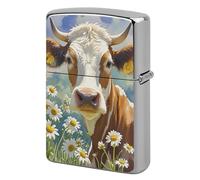 Étui à briquet en métal à motif de vache et de marguerite à l'aquarelle - Coupe-vent vintage réutilisable - Pour homme - Briquets de poche personnalisés - Double face - Portable Protec