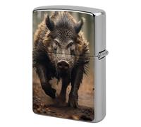 Étui à briquet en métal avec photos de sanglier - Coupe-vent vintage - Réutilisable - Pour homme - Pochette de protection portable double face