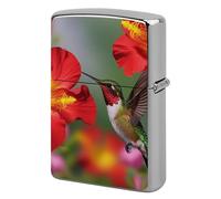 Étui à briquet en métal réutilisable à rabat double face coupe-vent et étanche, porte-cigarettes, poche portable, briquets à motif floral colibri pour papa, petit ami, mari