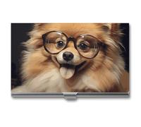 Étui à cartes de visite en métal pour homme et femme de Poméranie portant des lunettes - Porte-cartes de crédit - Style fin - Taille unique, Style :, Taille unique