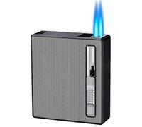 Étui à Cigarettes avec Briquet, Briquet à Flamme à Double Jet Étui à Cigarettes 20 pièces Briquet à Double Jet Ordinaire/Portable Briquet à gaz Coupe-Vent Rechargeable (Color : Black)