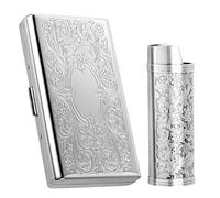 Étui à cigarettes vintage en métal, avec étui à briquet, capacité 12 cigarettes 100 mm, rangement cartes RFID et argent (Argent, 12pcs 100's)