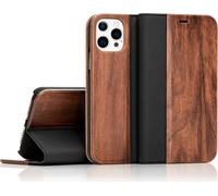 Étui à clapet en bois véritable NALIA pour iPhone 13 Pro Max, étui en bois naturel avec support et porte-carte, étui en bois - Noyer