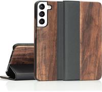 Étui à clapet en bois véritable NALIA pour Samsung Galaxy S22 Plus, étui en bois naturel avec support et porte-carte - Noyer