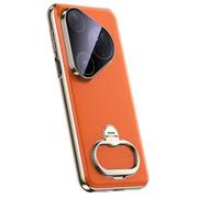 Étui À Double Anneau en Cuir Véritable for Huawei Pura 90/90 Pro/90 Pro Max, Couvercle Plaqué De Protection D'appareil Photo Magnétique(Orange,90 Pro)