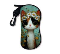 Étui à lunettes souple en néoprène avec motif de chat mignon avec fleurs de chrysanthème, support de lunettes de soleil de voyage portable, floral, 3x7 Inch