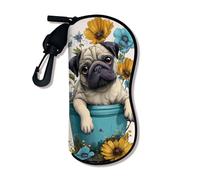 Étui à lunettes souple motif carlin, motif floral jaune et bleu, étui de lunettes de soleil de sécurité avec fermeture éclair, rangement portable T, jaune, 3x7 Inch