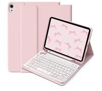 Étui à rabat avec clavier Bluetooth sans fil (150 mAh) avec étui de clavier amovible et support de stylet, compatible avec Samsung Galaxy Tab, Pad SE. Cadeau de printemps avec design nœud rose iPad Ai
