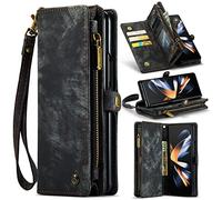 Étui à Rabat et Folio pour Samsung-Galaxy-Z-Fold-4-5G Portefeuille Zippée Housses avec Support, Cuir Synthétique Coque avec Fentes pour Cartes/Billets, Dragonne, Chargement sans Fil (Noir)