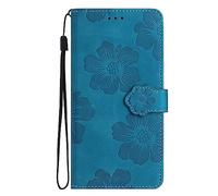 Étui à rabat floral conçu pour Samsung Galaxy A7 2018 | Étui portefeuille en cuir PU avec béquille et fentes pour cartes et dragonne | Motif floral Fermeture magnétique | Bleu
