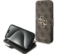 Étui à rabat marron Guess en métal avec logo pour iPhone 15 Pro