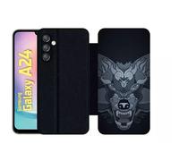 Etui À Rabat Pour Galaxy A24 - Loup Fond Gris - Simili-Cuir - Noir