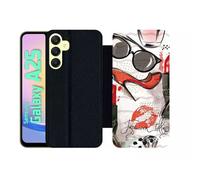 Etui À Rabat Pour Galaxy A25 - Motif Girly Fond Blanc - Simili-Cuir - Noir