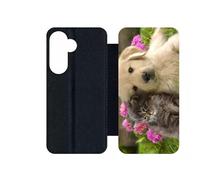 Etui À Rabat Pour Galaxy S24 - Chiot Golden Retriever Et Chaton - Simili-Cuir - Noir