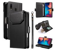 Étui à Rabat pour téléphone for Samsung Galaxy A20/A30 Wallet Case with Card Holder for Women and Men, Fashion PU Leather Cover Side Buckle Hand Strap Wallet Phone Case Housse de Protection(Svart)