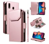 Étui à Rabat pour téléphone for Samsung Galaxy A20/A30 Wallet Case with Card Holder for Women and Men, Fashion PU Leather Cover Side Buckle Hand Strap Wallet Phone Case Housse de Protection(Pembe)