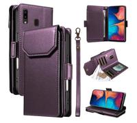 Étui à Rabat pour téléphone for Samsung Galaxy A20/A30 Wallet Case with Card Holder for Women and Men, Fashion PU Leather Cover Side Buckle Hand Strap Wallet Phone Case Housse de Protection(Mor)