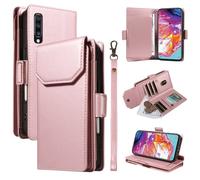 Étui à Rabat pour téléphone for Samsung Galaxy A70/A70S Wallet Case with Card Holder for Women and Men, Fashion PU Leather Cover Side Buckle Hand Strap Wallet Phone Case Housse de Protection(Pembe)