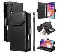Étui à Rabat pour téléphone for Samsung Galaxy A70/A70S Wallet Case with Card Holder for Women and Men, Fashion PU Leather Cover Side Buckle Hand Strap Wallet Phone Case Housse de Protection(Svart)