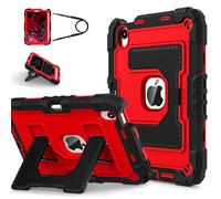 Étui adapté aux enfants pour Apple iPad mini 7 A17 Pro 2024/iPad Mini 6 2021 8,3" 7e/6e génération avec porte-crayon et bandoulière, coque rigide antichoc avec béquille - Noir + rouge