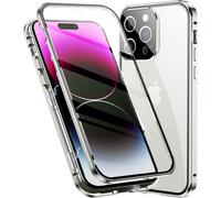 Étui Aimanté Pour Iphone 14 Pro Max - Double Verre Trempé Avant/Arrière & Cadre Métallique, Protection Totale, Montage Simple, Compatible Charge Sans Fil - Argent