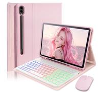 Étui avec clavier et souris rétroéclairés pour Samsung Galaxy Tab S10+ Plus / S9+ Plus / S9 FE+ Plus / S8+ Plus / S7 FE / S7+ Plus 12,5" avec clavier britannique sans fil Bluetooth et souris, rose