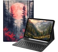 Étui avec clavier pour iPad 11{^>e<^} (A16, 2025) et iPad 10{^>e<^} génération 11" (2022), étui folio fin avec clavier Bluetooth amovible et béquille, protection motif paysage pleine lune rouge