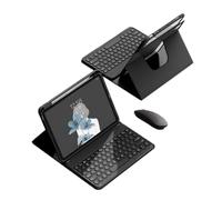 Étui avec clavier pour iPad 9e, 8e et 7e génération 10,2", avec souris, rotatif à 360°, vertical, horizontal, magnétique, amovible, coque arrière transparente, porte-stylo intégré (touches rondes)