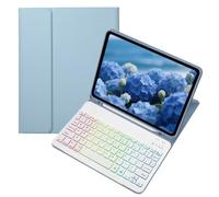 Étui avec clavier rétroéclairé coloré pour Galaxy Tab S10 FE / S9 FE 11" / Tab S9/S8/S7 11" avec clavier rétroéclairé Bluetooth RVB amovible, couleur bonbon, étudiant d'affaires, bleu brume + blanc