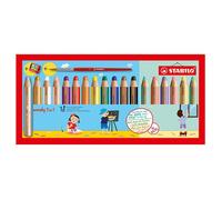 STABILO woody 3in1 - Crayon de couleur - Etui carton x 18 crayons de coloriage + 1 taille crayon + 1 pinceau rond taille 8 - dont 6 pastel