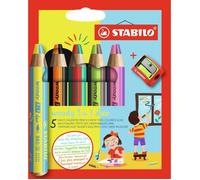 STABILO woody 3in1 duo - Crayon de couleur - Etui carton x 5 crayons à mine bicolore + taille-crayon