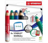 Etui carton x 4 crayons multi-talents STABILO woody 3in1 pour ardoises et tableaux blanc + 1 taille crayon + 1 chiffonnette - noir