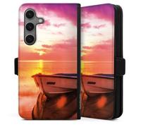 Etui Compatible avec Samsung Galaxy S25 Etui Folio Etui magnetique Coucher du Soleil Barque Mer