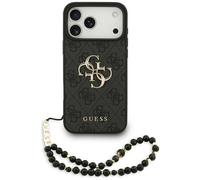 Étui Coque IPHONE 17 Pro Max Guess Simili Cuir Gris Big Logo Or Chaîne