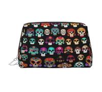 Étui de beauté portable avec imprimé crâne mexicain coloré, pochette de voyage compacte avec fentes intérieures organisées pour un usage quotidien, Argenté., One Size