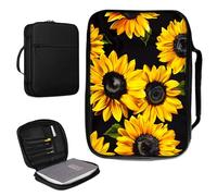 Étui de bible pour homme et femme en cuir synthétique avec poignée et poche zippée pour étude de bible de taille standard et grande 27,7 x 19,8 x 4,8 cm, tournesols noirs et jaunes