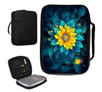 Étui de bible pour homme et femme en cuir synthétique avec poignée et poche zippée pour études bibles de taille standard et grande 27,7 x 19,8 x 4,8 cm - Tournesol vert jaune