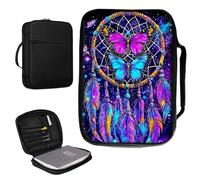 Étui de bible pour homme et femme en cuir synthétique avec poignée et poche zippée pour études bibles de taille standard et grande 27,7 x 19,8 x 4,8 cm, papillons violets et bleus