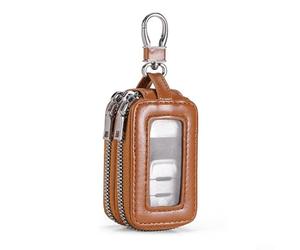 Étui de e voiture en cuir avec double fermeture éclair et transparent pour une identification facile des clés - Protecteur porte-clés résistant aux rayures pour homme et femme (jaune)