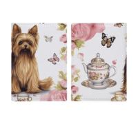 Étui de passeport de voyage en cuir imprimé mer sauvage pour voyage, documents, cadeaux de voyage, Yorkshire Terrier Tea Party Papillons Roses, 20.3x13.8cm