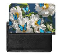 Étui de passeport en cuir avec fleurs blanches, papillons bleus, porte-documents de voyage, pour homme et femme, Fleurs blanches, papillons bleus, Taille unique