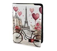 Étui de passeport en cuir avec imprimé cœur pour homme et femme Motif Tour de Paris Café Vin Parfum Vélo, noir, One Size