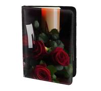 Étui de passeport en cuir avec imprimé rose vin rouge et bougie pour homme et femme, noir, One Size