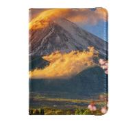 Étui de passeport en cuir avec motif Mont Fuji au coucher du soleil avec fleurs de cerisier - Étui de passeport caché sécurisé pour femme - Organiseur de voyage