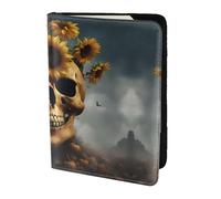 Étui de passeport en cuir de vache imprimé tournesol Halloween tête de mort, étui de passeport, étui de carte de voyage pour homme et femme, protecteur de documents, noir, One Size
