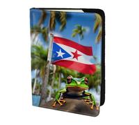 Étui de passeport en cuir imprimé drapeaux de Porto Rico grenouille palmiers pour homme et femme, portefeuille de voyage, noir, One Size