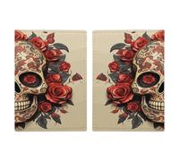Étui de passeport en cuir PU avec emplacements pour cartes, portefeuille minimaliste avec fermeture éclair et motif tête de mort rouge et rose