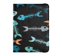 Étui de passeport en cuir synthétique léger pour homme et femme, porte-badge, carte de vaccin, portefeuille de voyage, motif squelette de poisson multicolore, multicolore, 1 size, Décontracté