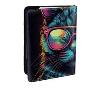 Étui de passeport imprimé chat portant des lunettes de soleil fluo en cuir PU pour homme et femme, 16,5 cm, Noir , Taille unique