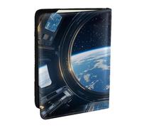 Étui de passeport imprimé en cuir synthétique avec motif « View The Sci-Fi Planet from The Space Station » pour homme et femme, 16,5 cm, Noir , Taille unique